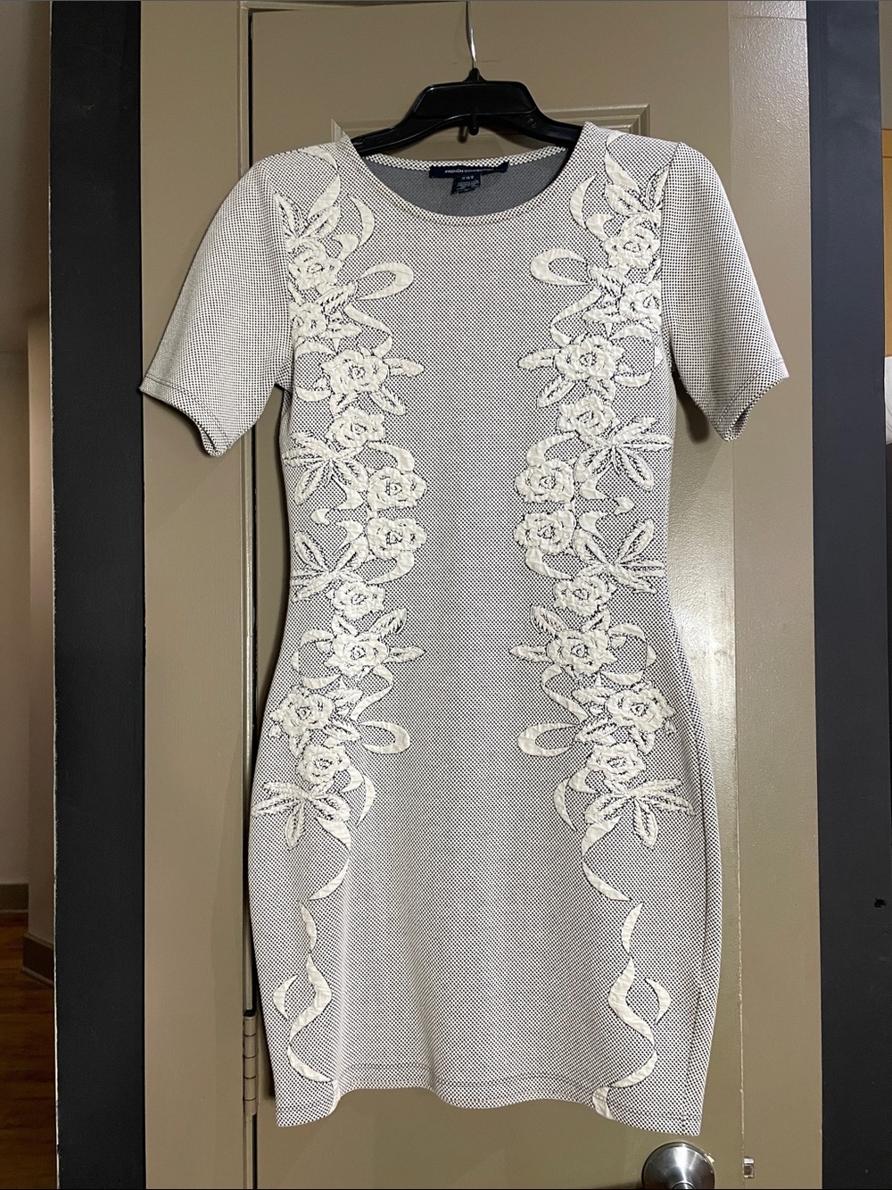 French Connection Cream and Light Gray Floral-Embroidered Knit Mini Dress